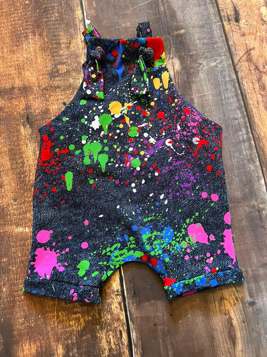 2T Paint Splatter Knotted Overall Shorts